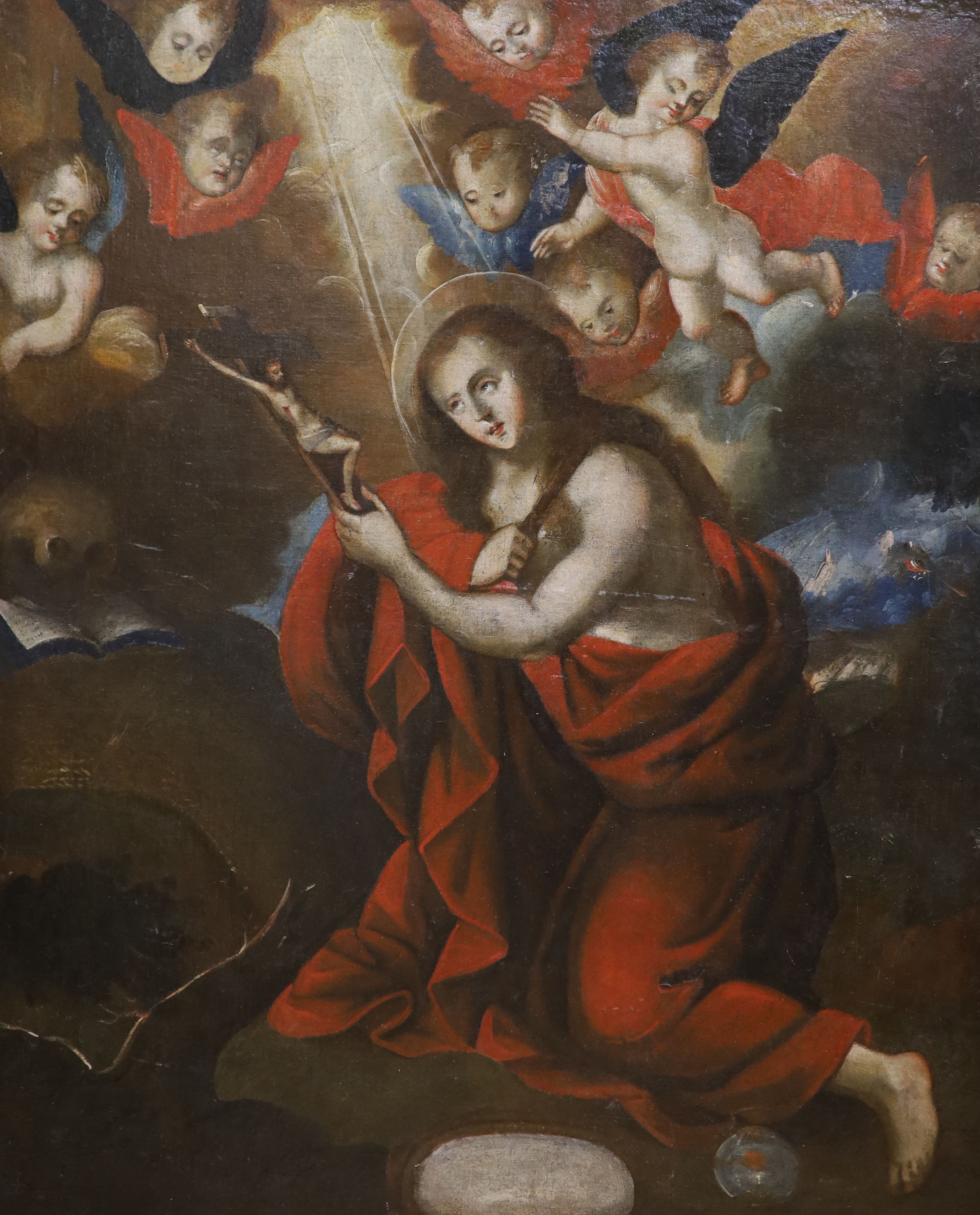 Italian, late 17th / early 18th century, biblical narrative, study of a female saint, kneeling with a crucifix below angels in flight descending from the heavens, 80 x 68 cm, unframed.